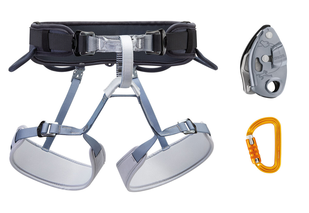 KIT CORAX GRIGRI Sm’D Climbing kit containing CORAX harness, GRIGRI assisted blocking belay device and Sm’D carabiner