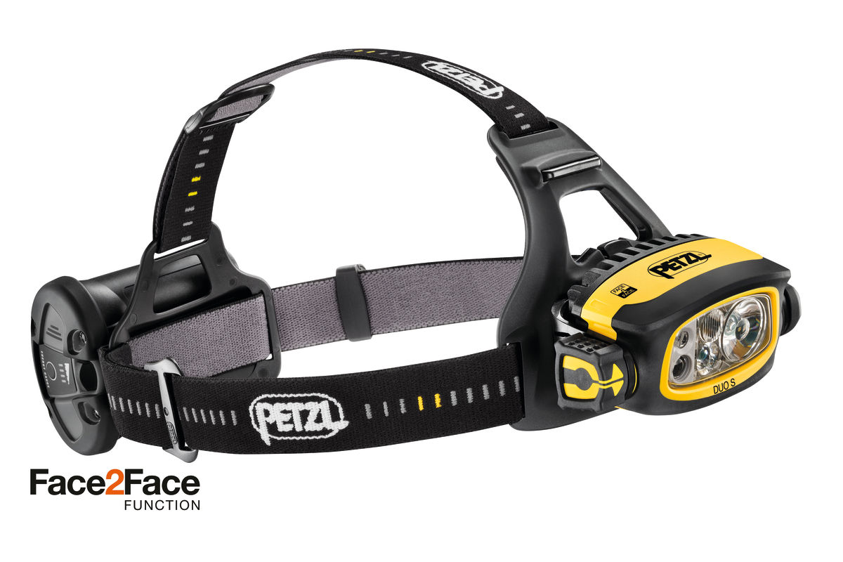 DUO® S Ultra-powerful, waterproof and rechargeable headlamp, featuring Petzl’s FACE2FACE anti-glare function. 1100 lumens