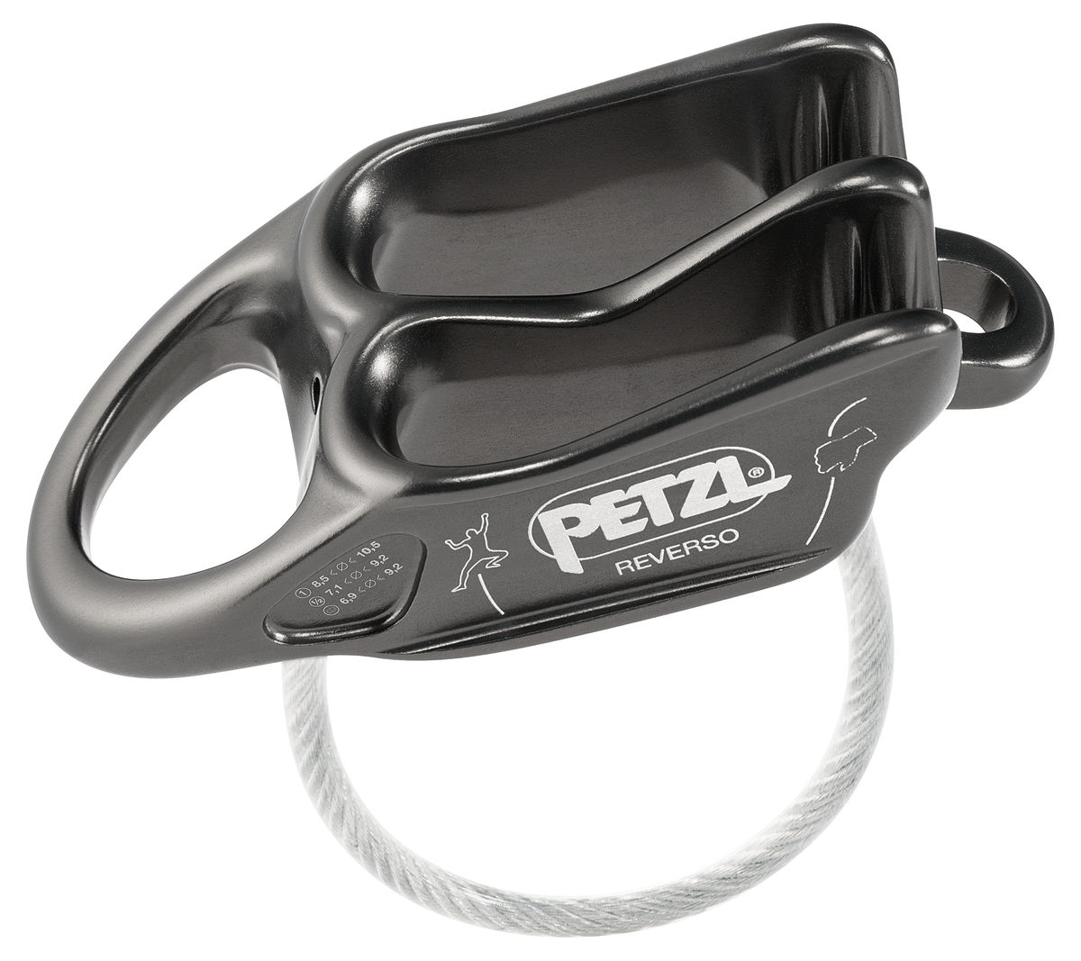 REVERSO® Versatile, lightweight belay/rappel device, for use with one or two rope strands and ability to belay a second climber from the anchor