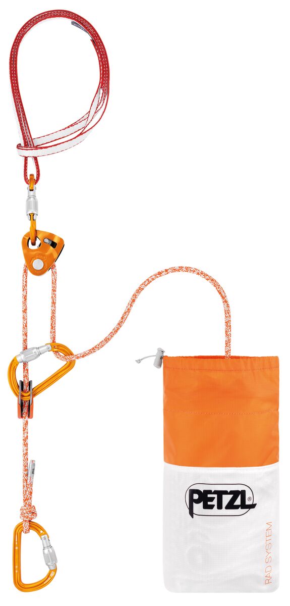 RAD SYSTEM A complete ultra-lightweight and compact kit with specific cord, designed for skiers doing crevasse rescue, rappelling, or roping up on a glacier to get out of a crevasse zone