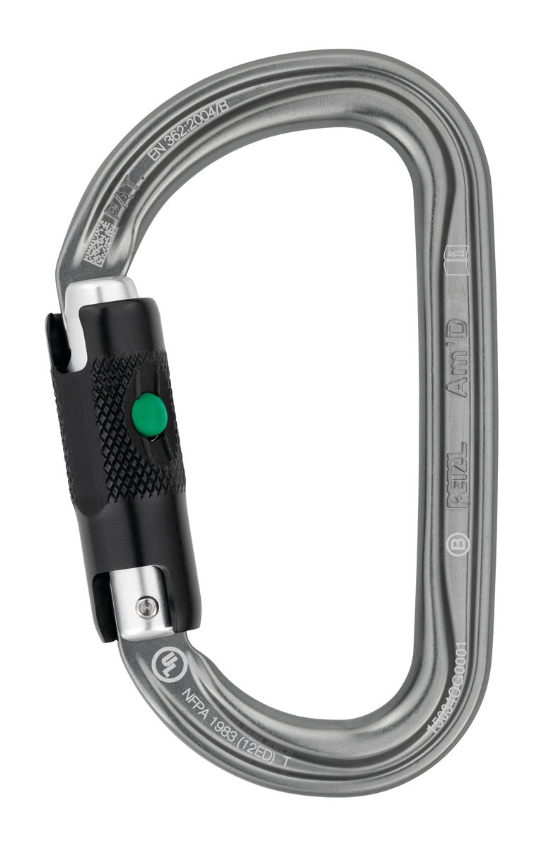 Am’D D-shaped locking carabiner for attaching devices to a harness